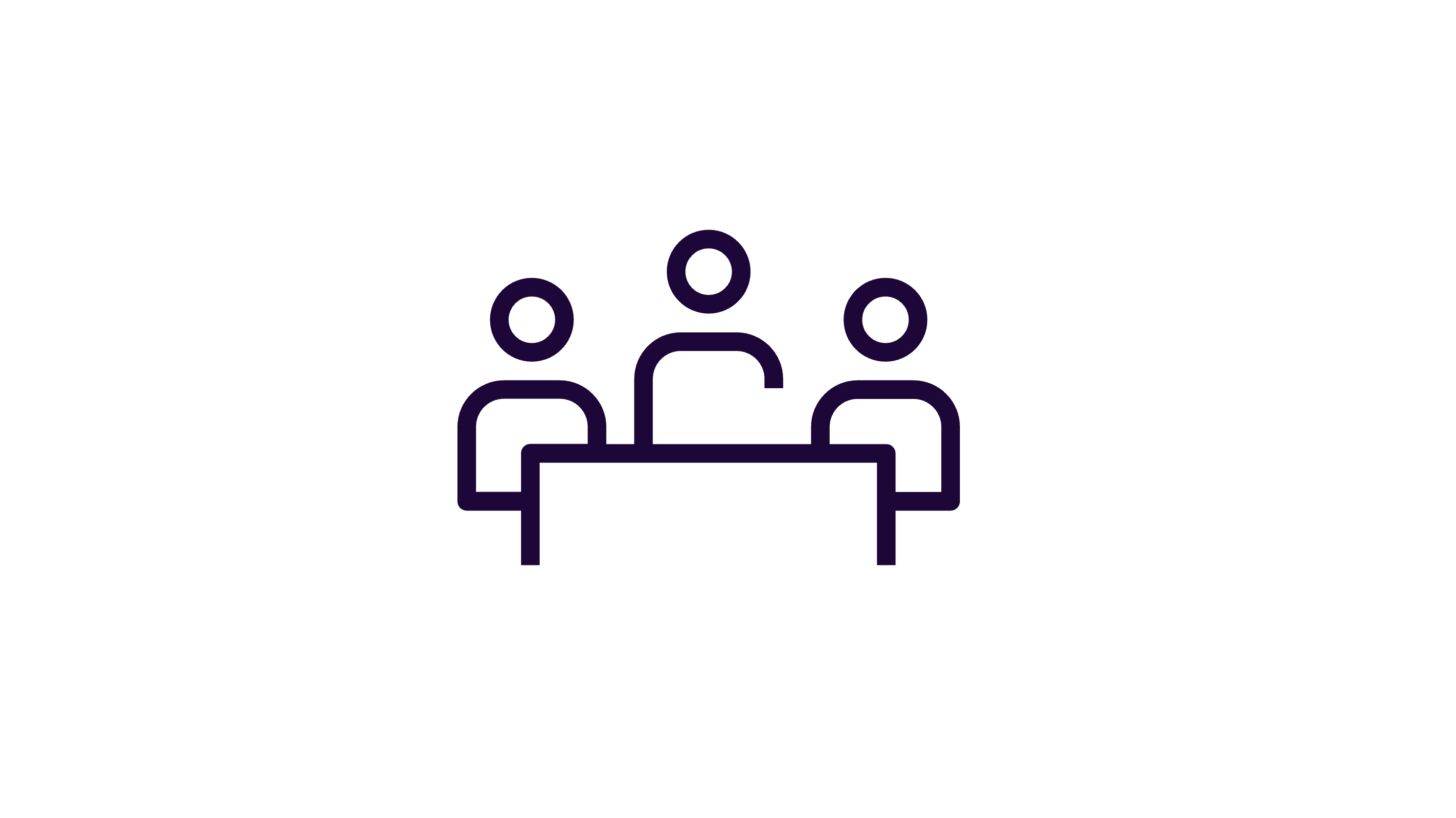 Minimalist icon of three people sitting at a table, drawn with basic lines and shapes.