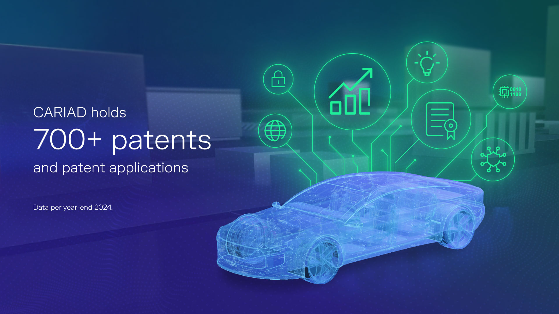 Digital car graphic with icons and text highlighting CARIAD's 700+ patents as of 2024.