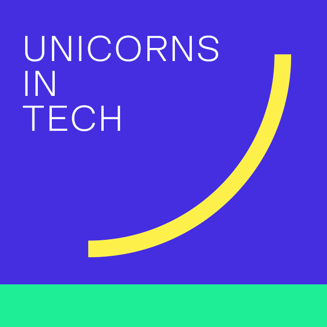 Unicorns In Tech Green banner with 'Unicorns in Tech' text and CARIAD branding, featuring a bold black bracket design element.