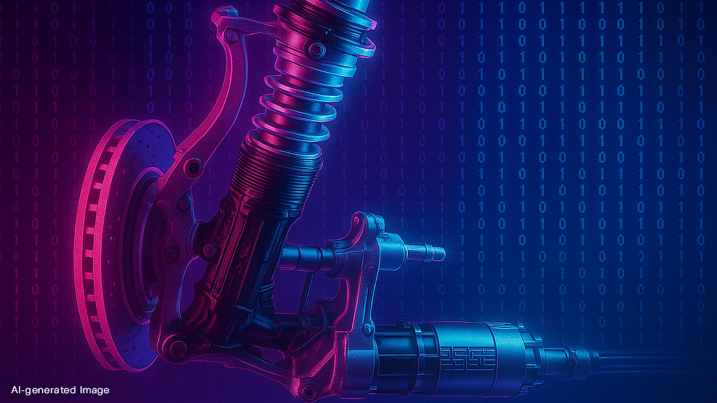 AI-generated image of a vehicle suspension component with blue-pink lighting and binary code background, symbolizing automotive technology and data integration