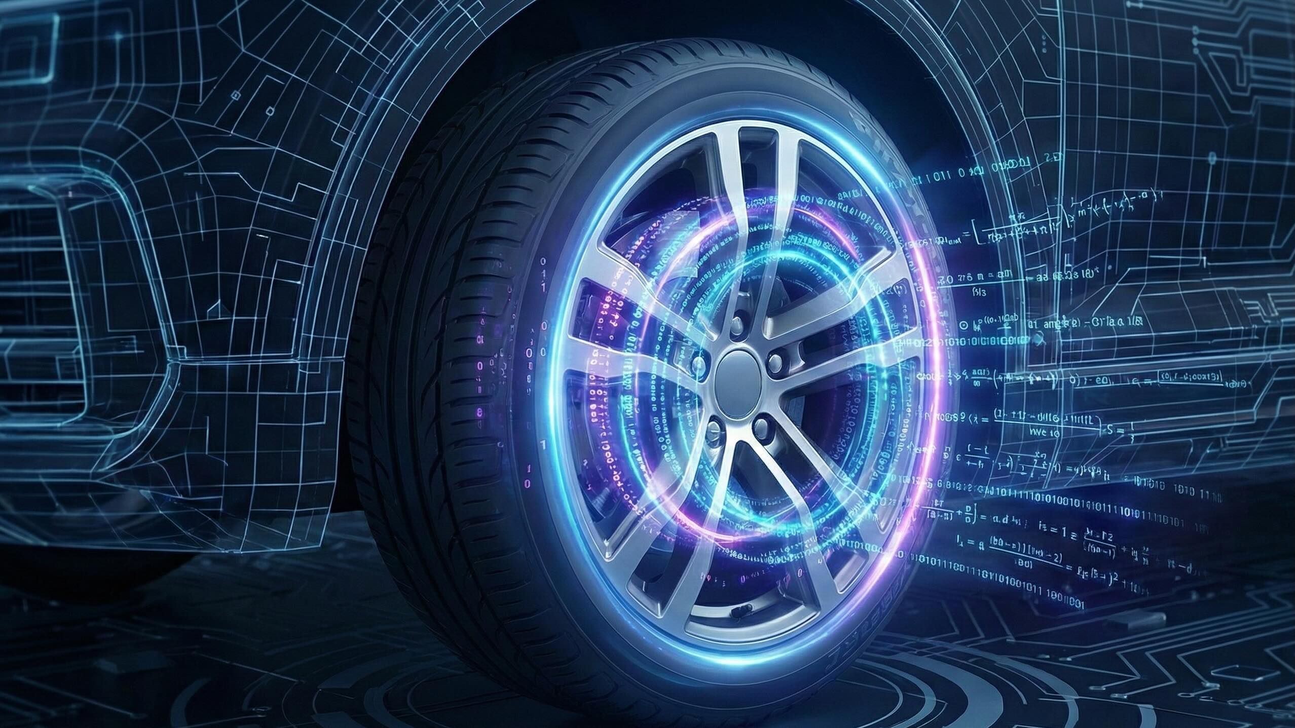 Car wheel with glowing digital overlays and sensor data patterns, representing smart chassis control and advanced vehicle dynamics technology.