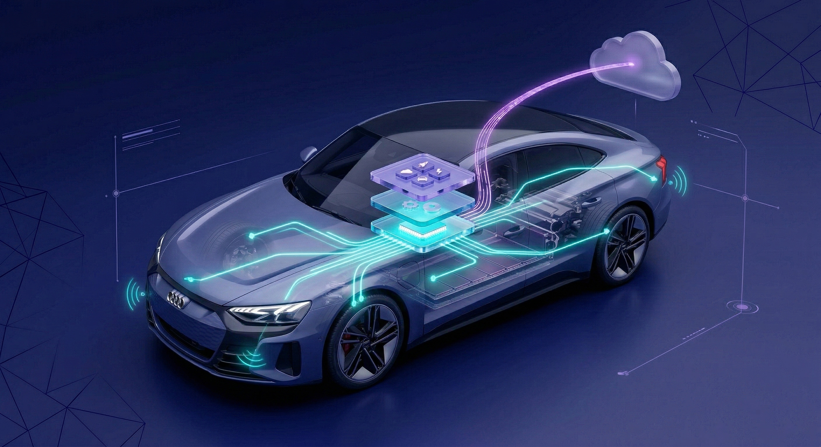 Wide visualization of a connected vehicle with onboard Edge Computing hardware and a cloud link illustrating low‑latency data processing.