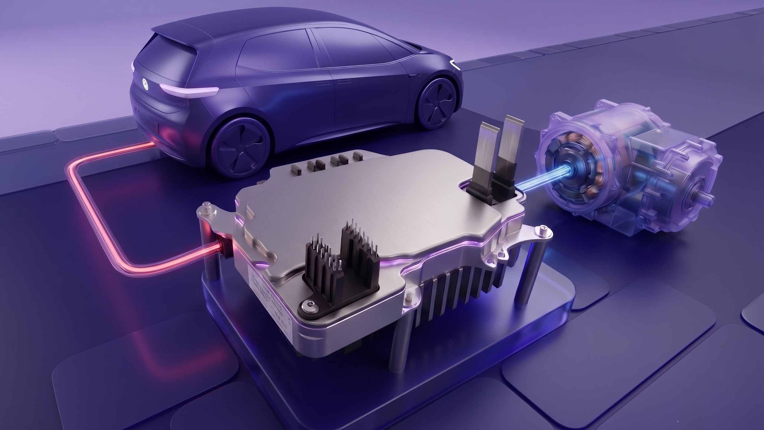 Electric car with visualized inverter and electric motor illustrating power electronics and electric drivetrain technology