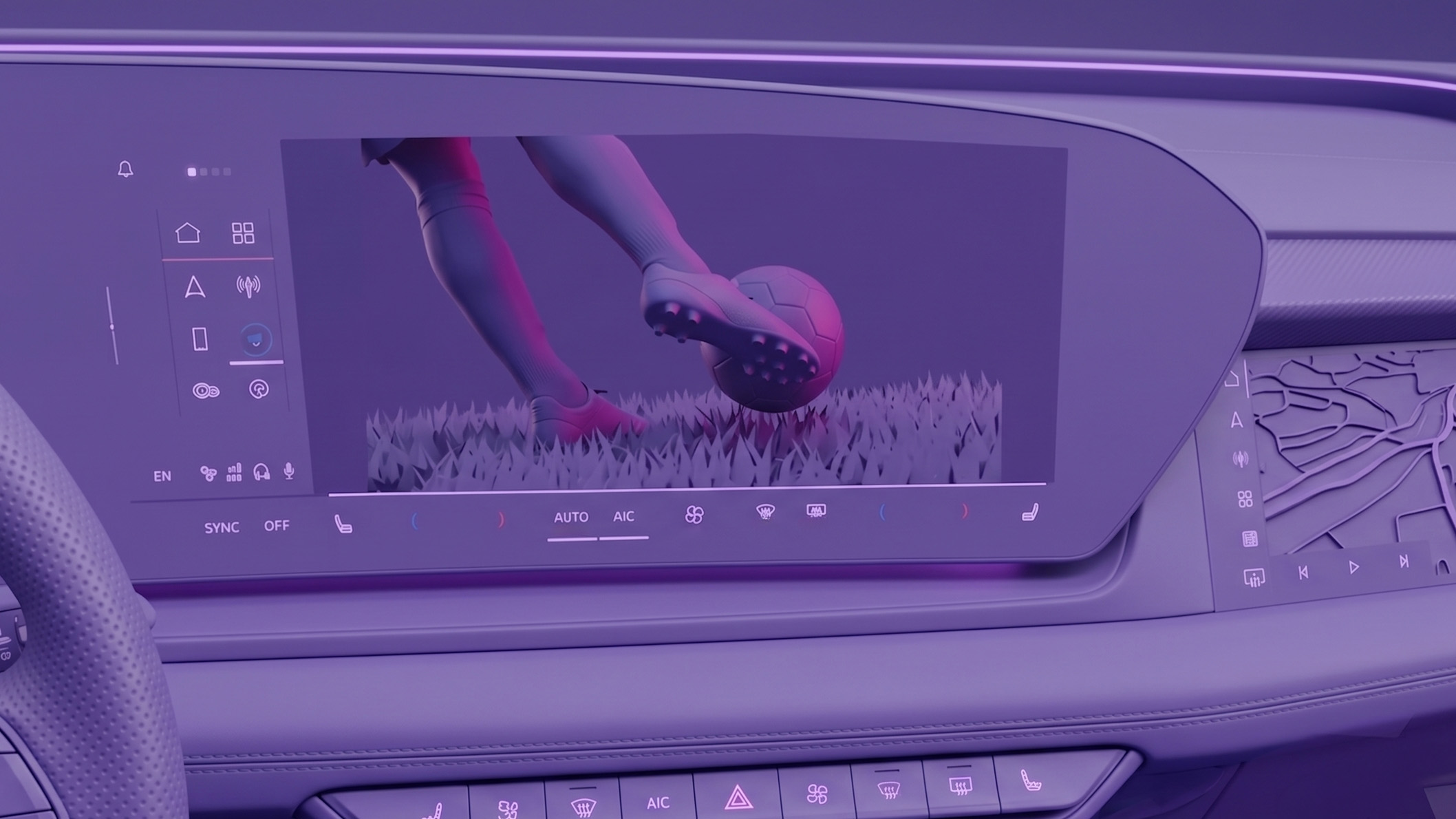 A modern car interior featuring a wide digital infotainment display showing a live football scene with a player kicking a ball on a stadium pitch. The dashboard integrates a sleek, high-resolution touchscreen with illuminated user interface icons for navigation, apps, connectivity, and vehicle functions. The cockpit design highlights ambient lighting in purple and blue tones, a premium textured dashboard surface, and climate control indicators below the screen. The steering wheel is partially visible in the foreground, reinforcing the in-car perspective. The image illustrates connected vehicle software enabling entertainment and real-time content during a journey, blending automotive UX design with sports streaming in a smart mobility context.