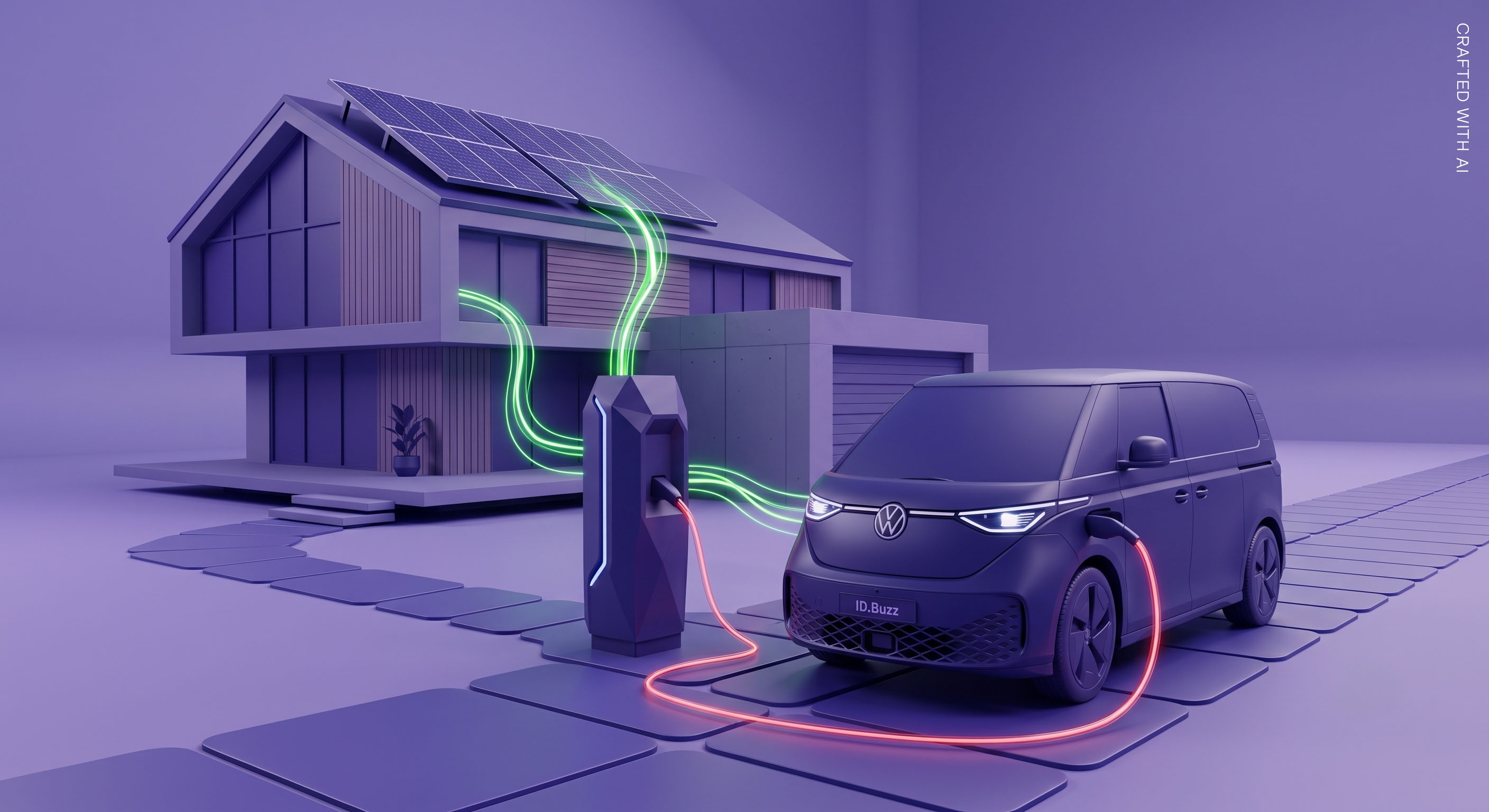 A futuristic electric Volkswagen ID. Buzz connected to a bidirectional charging station in front of a modern solar-powered home. Animated energy flows visualize Vehicle-to-Grid (V2G) technology, illustrating how electric vehicles can store, exchange, and intelligently manage renewable energy between the home and the power grid. The scene represents smart charging, renewable energy integration, AI-driven energy management, and the future of sustainable mobility.