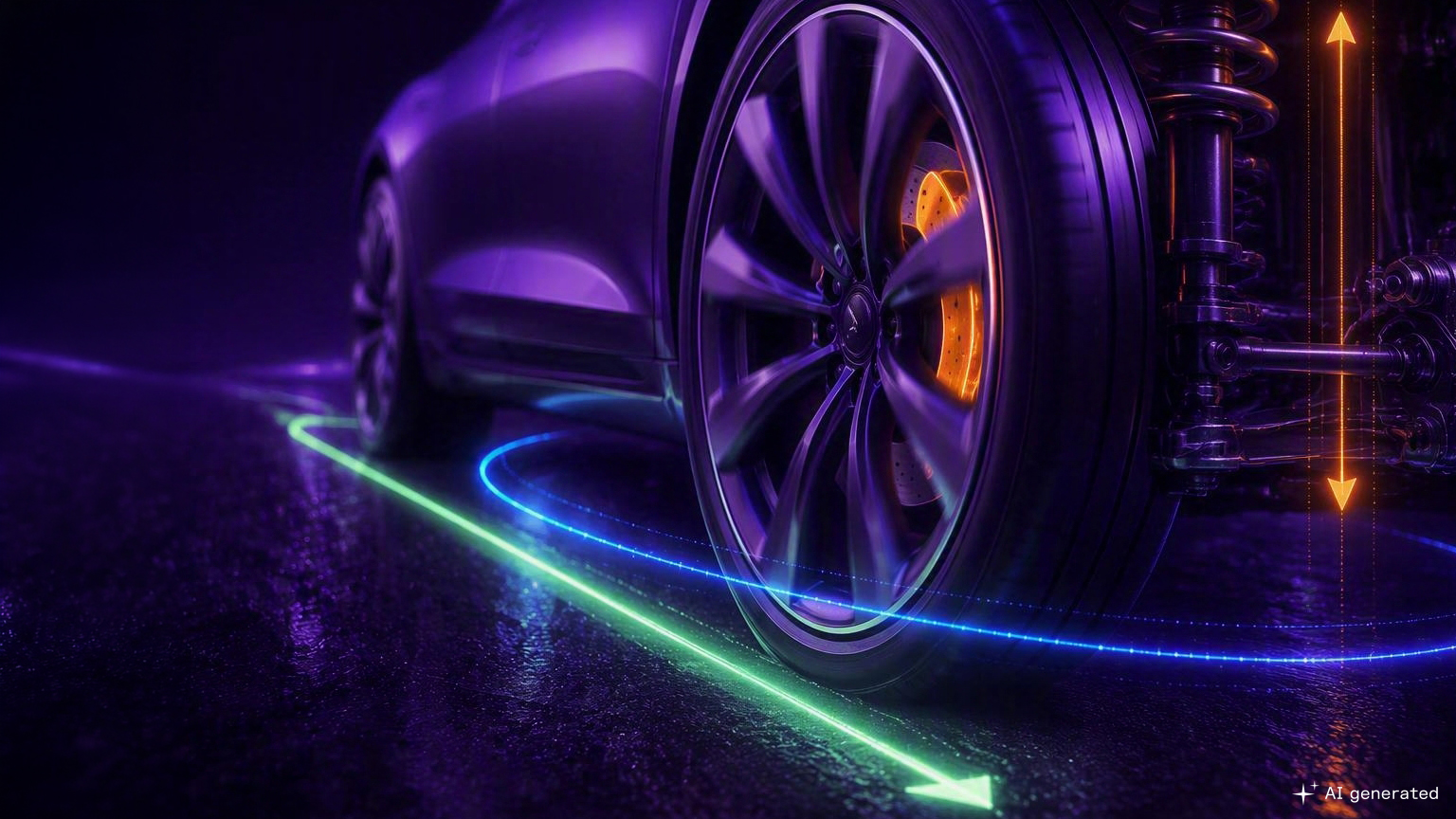 Close-up illustration of an electric vehicle wheel and suspension system highlighting vertical dynamics, damping, traction, and road contact.