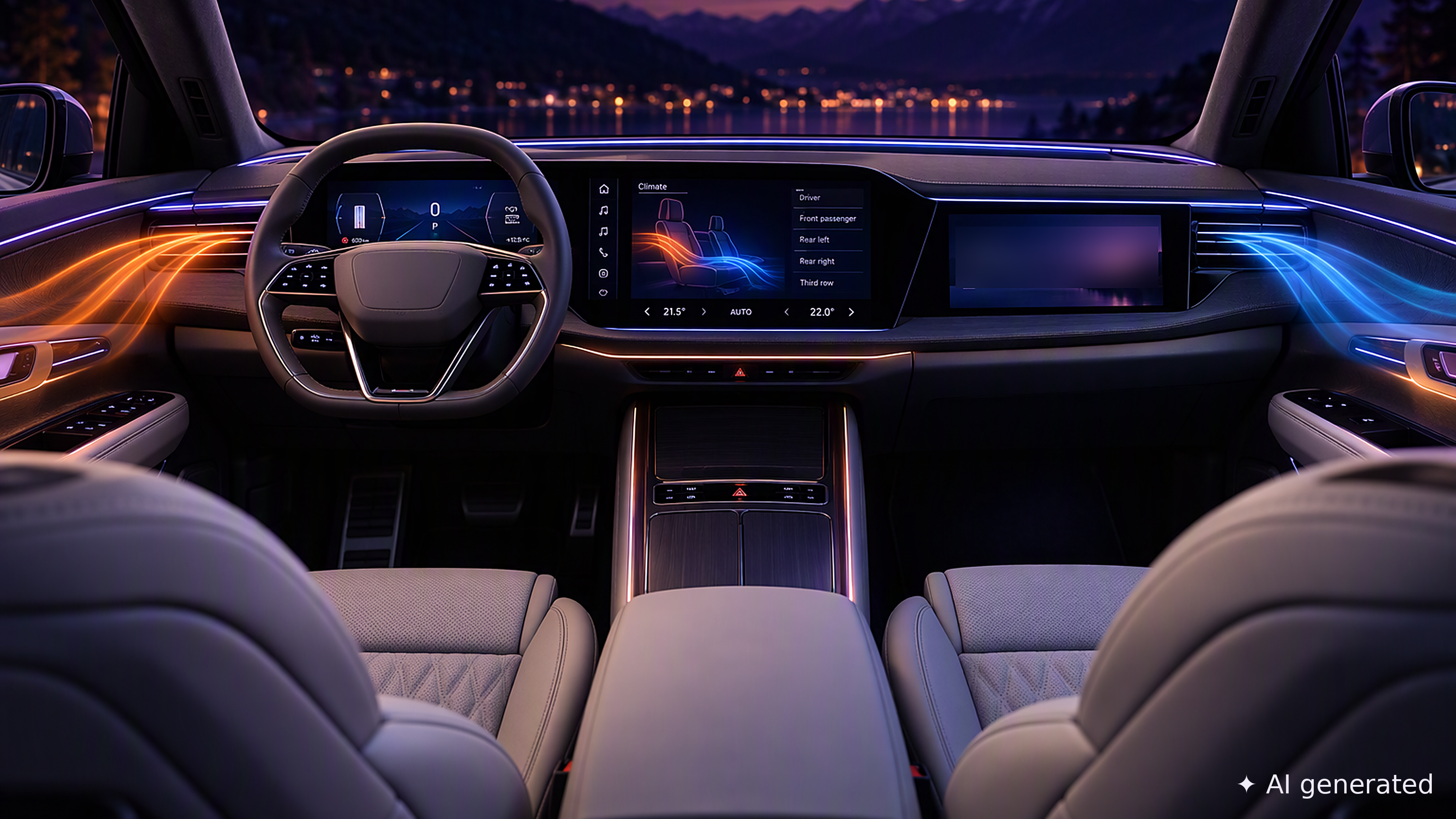 AI-generated vehicle interior illustrating five-zone climate control, with warm and cool airflow visualized across the dashboard and a central climate control display.