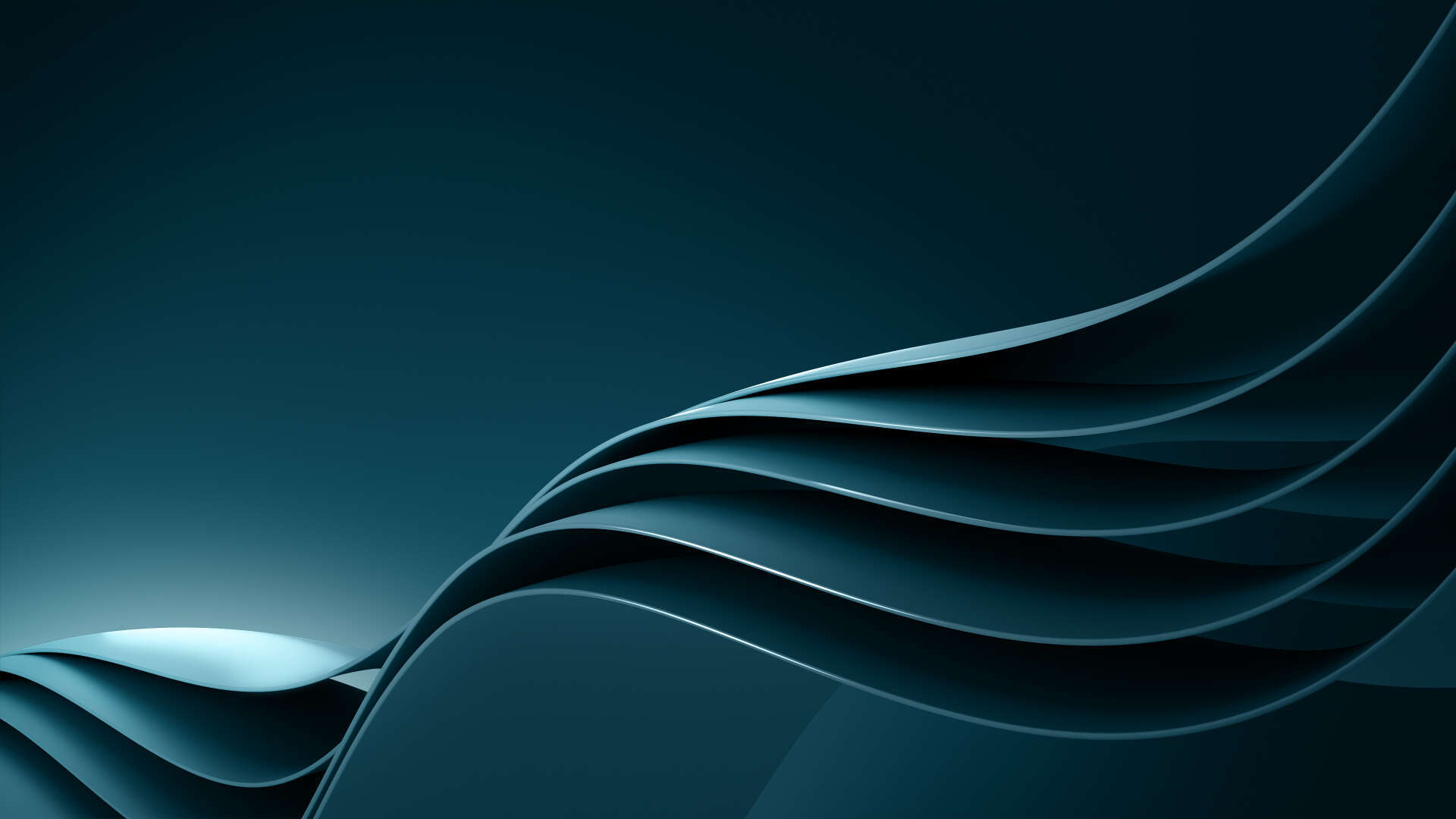 Abstract digital artwork featuring smooth, layered wave-like shapes in dark teal and blue tones on a gradient background, creating a modern and futuristic aesthetic.