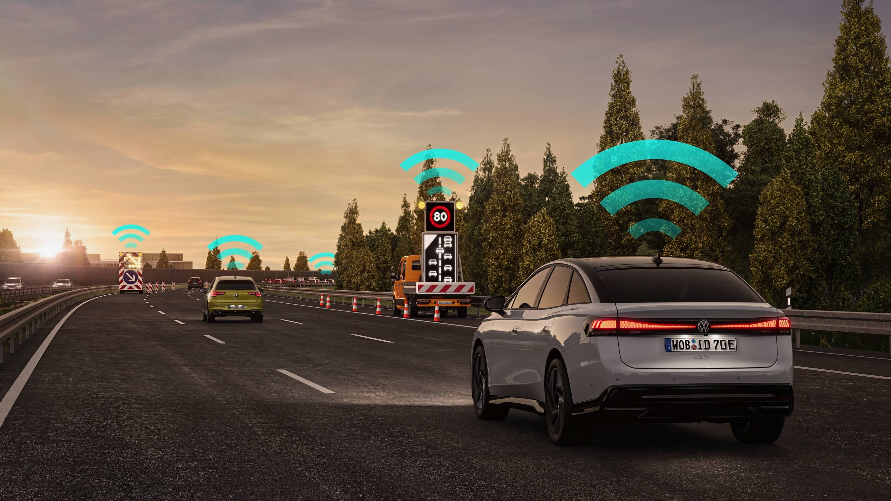 Volkswagen electric vehicle driving on a highway with Car2X communication technology, exchanging data with traffic signs and other cars to enable connected mobility and improve road safety.
