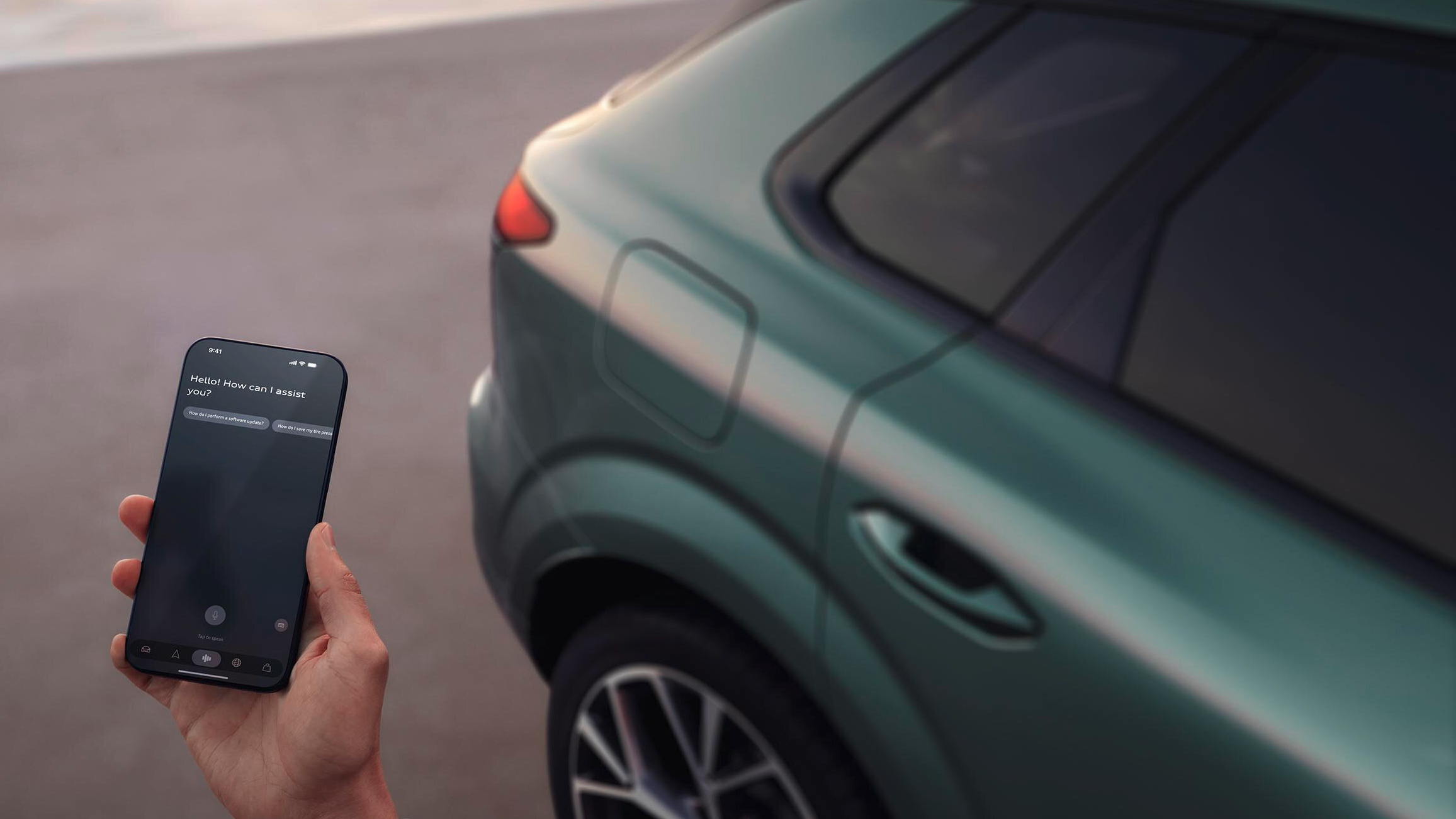 Person using a smartphone to remotely unlock a connected green SUV, showcasing smart car technology and mobile app control for modern vehicles.