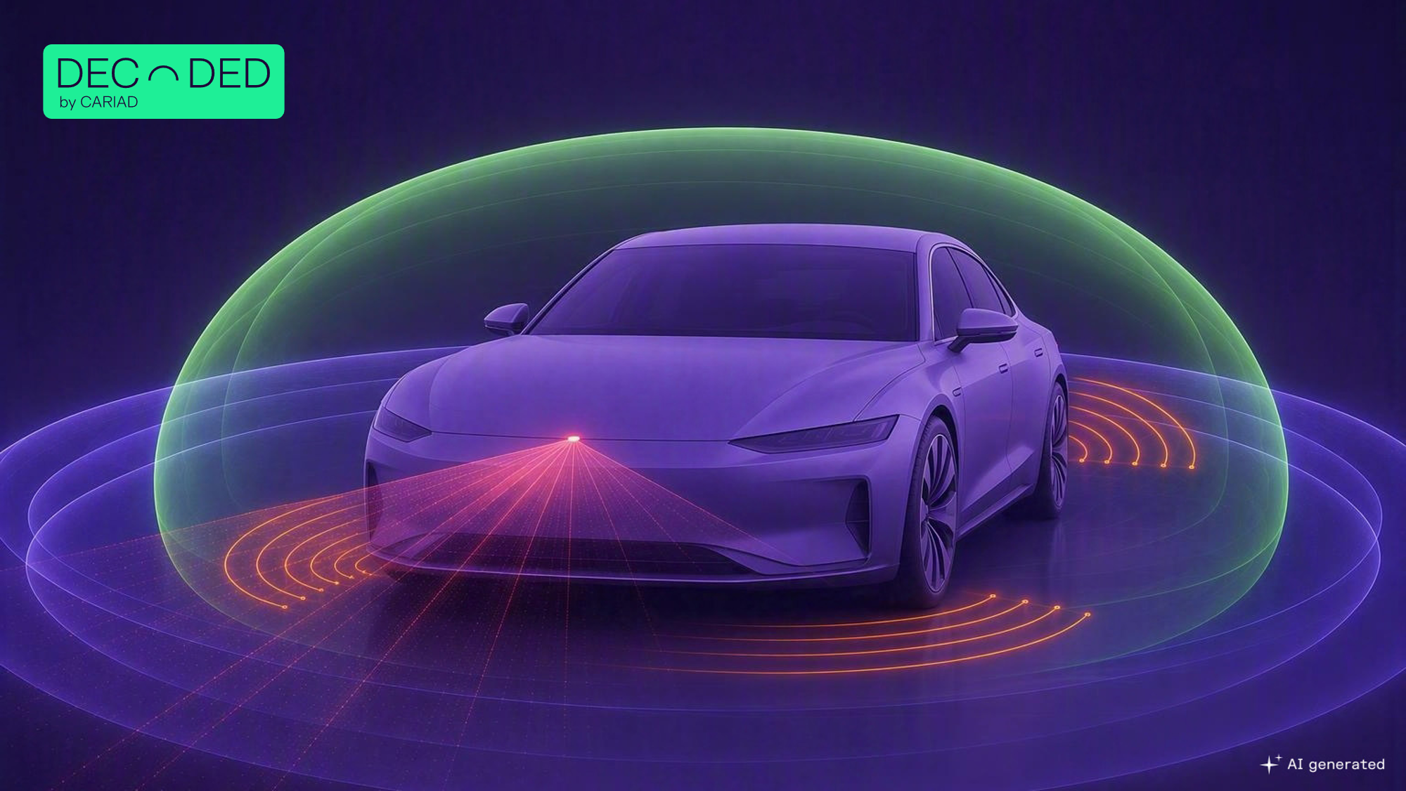 Illustration of a connected vehicle surrounded by multiple sensing technologies, including a 360° camera, radar, front lidar and ultrasonic sensors. The graphic visualizes how different sensors provide complementary perspectives to enable environmental perception and automated driving.