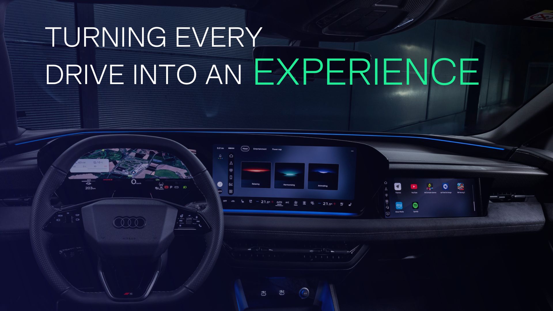 Audi digital cockpit with wide touchscreen displays showing experience modes, highlighting modern in-car UX and connected vehicle technology.