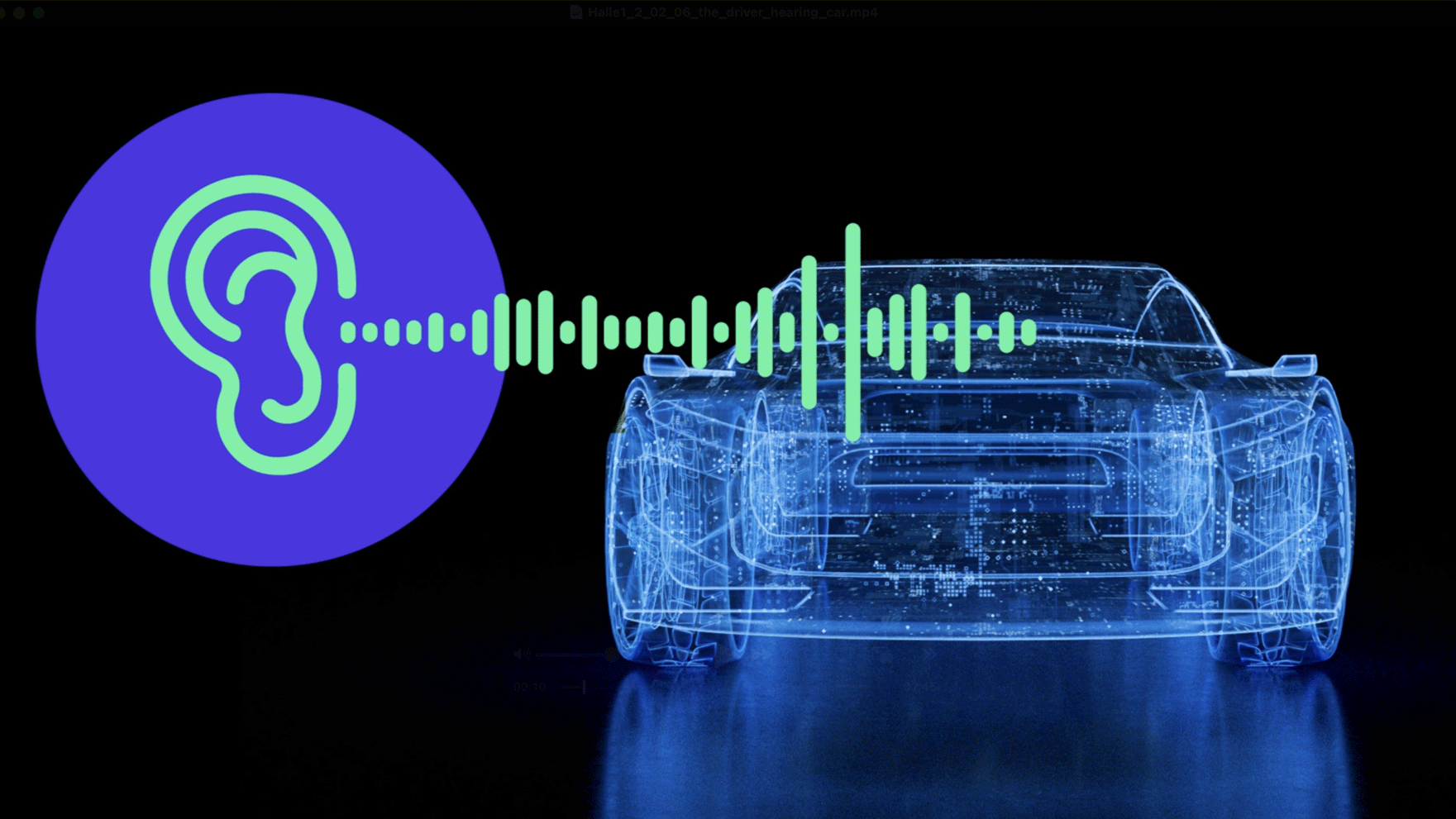 Digital car blueprint with sound waves directed from an ear icon