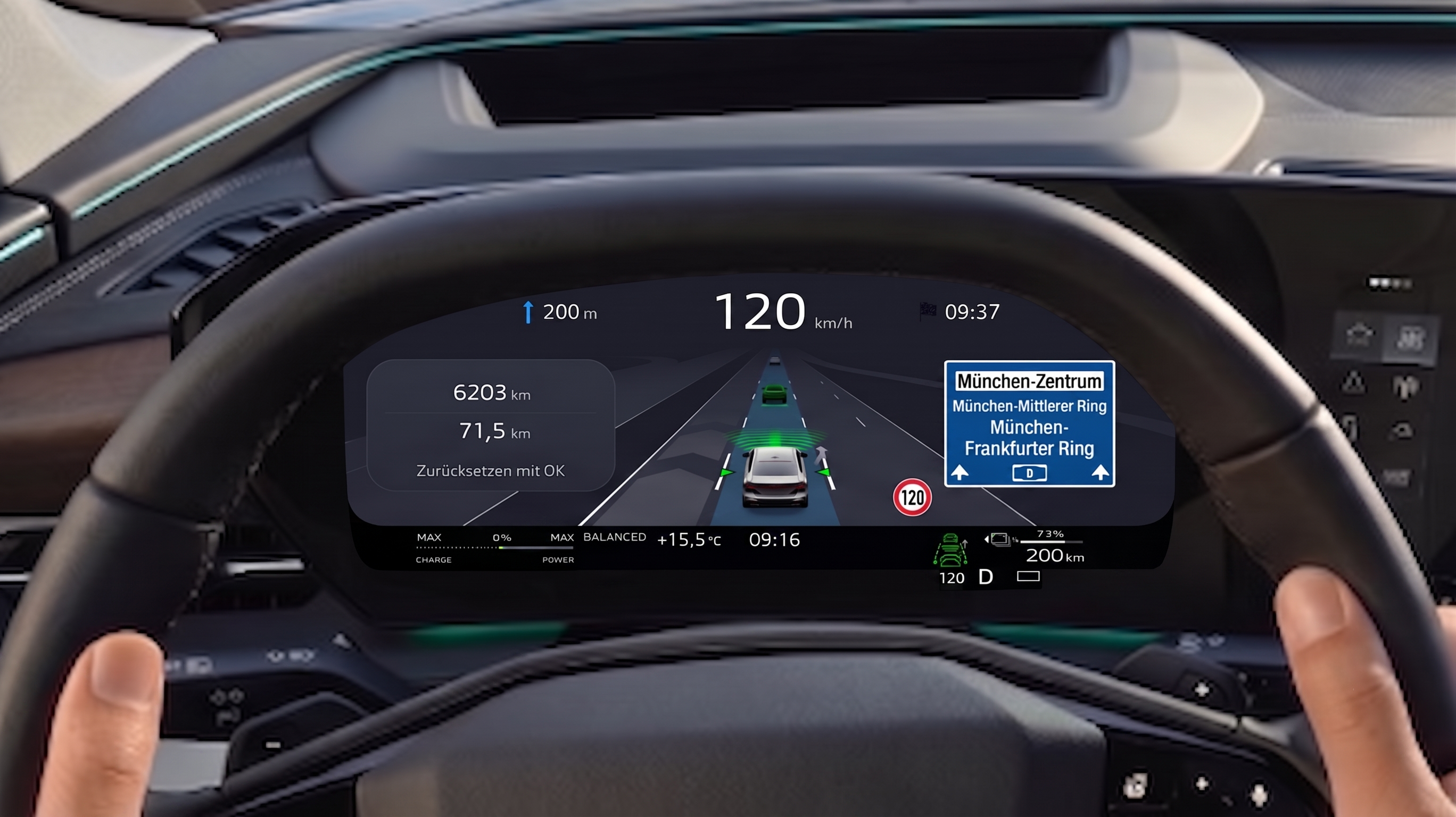 Audi virtual cockpit displaying navigation, lane guidance, and advanced driver assistance features