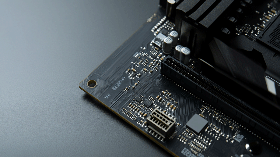 Close-up view of a computer motherboard with capacitors, resistors, and connectors, showcasing intricate circuitry and design