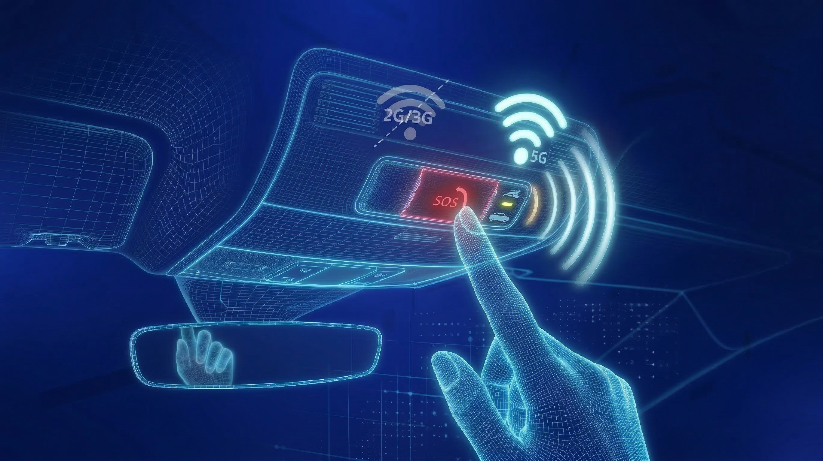 Visuals showing a modern in‑vehicle eCall system with SOS button activation, GNSS location tracking, and 4G/5G data transmission to emergency call centers — ideal for automotive safety, connected‑car technology, and telematics applications.