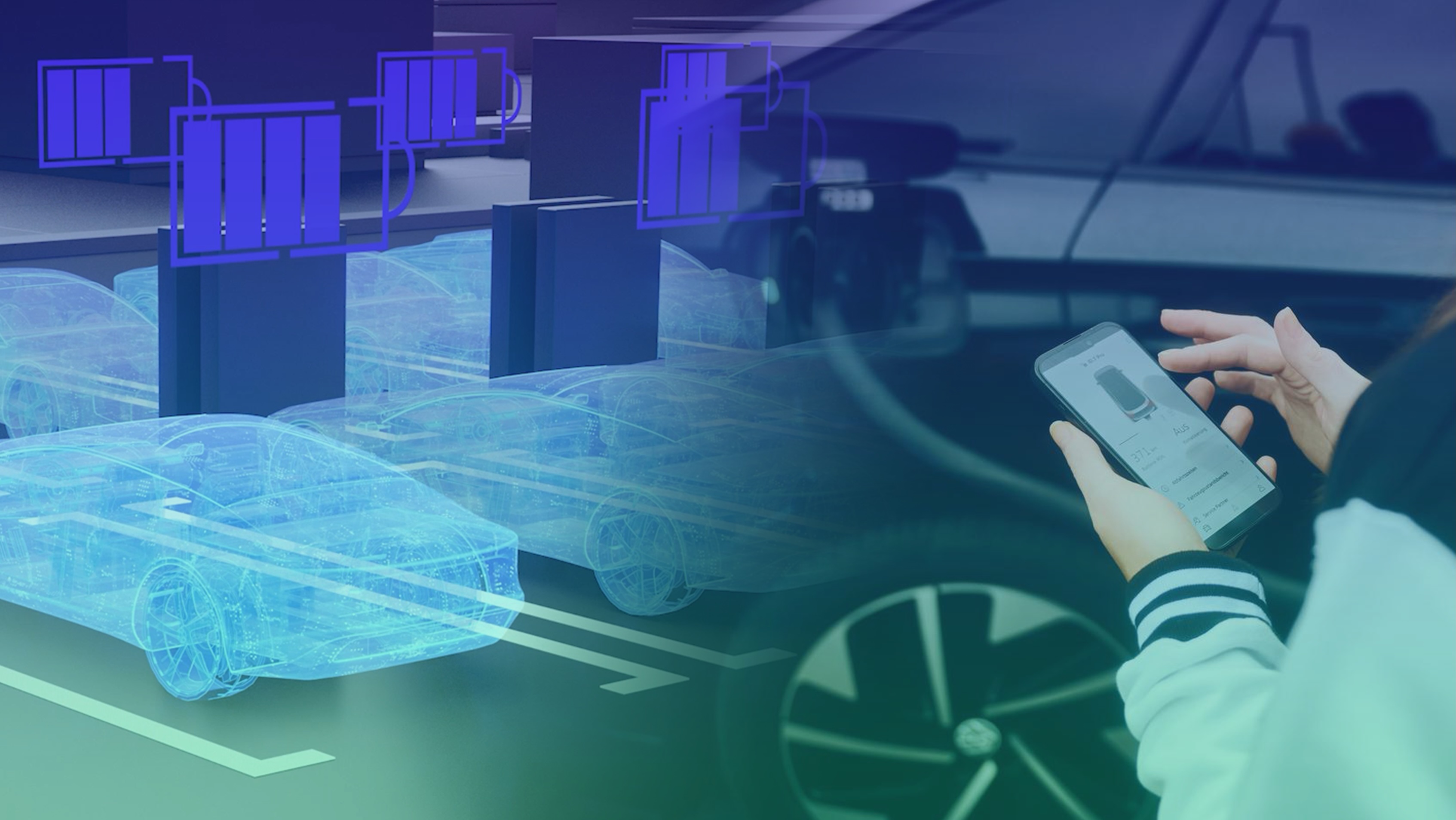 Person using a smartphone to monitor electric vehicle battery status, with digital overlays of cars and charging icons representing connected mobility and IoT technology.