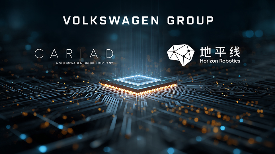 Volkswagen Group collaboration with CARIAD and Horizon Robotics, featuring a glowing microchip on a futuristic circuit board to symbolize advanced automotive software and AI technology.