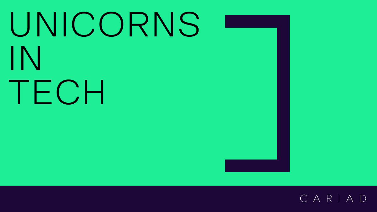 Unicorns In Tech Green banner with 'Unicorns in Tech' text and CARIAD branding, featuring a bold black bracket design element.
