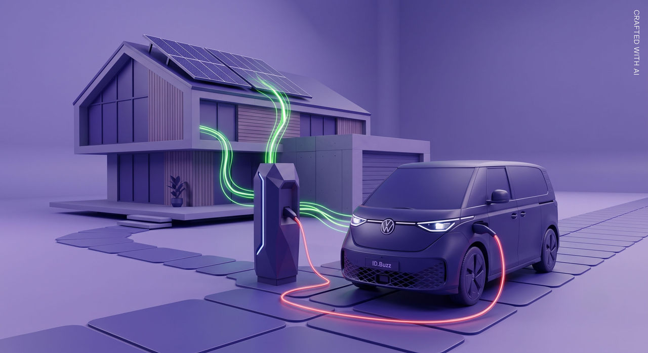 A futuristic electric Volkswagen ID. Buzz connected to a bidirectional charging station in front of a modern solar-powered home. Animated energy flows visualize Vehicle-to-Grid (V2G) technology, illustrating how electric vehicles can store, exchange, and intelligently manage renewable energy between the home and the power grid. The scene represents smart charging, renewable energy integration, AI-driven energy management, and the future of sustainable mobility.