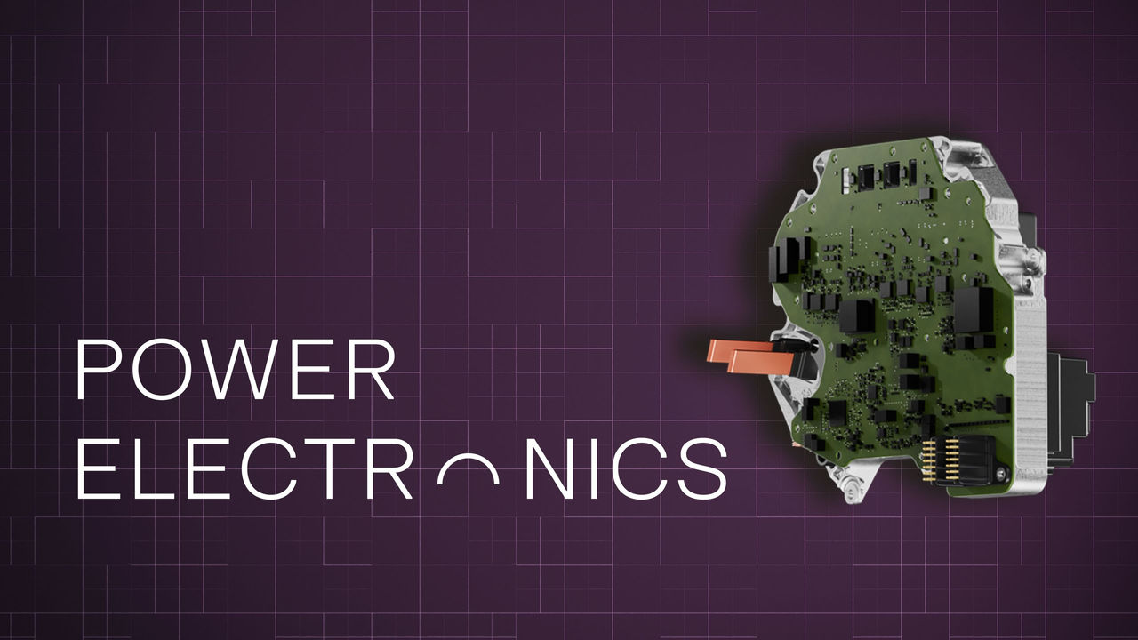 Circuit board with electronic components on purple grid background, featuring 'POWER ELECTRONICS' text for tech and hardware branding.