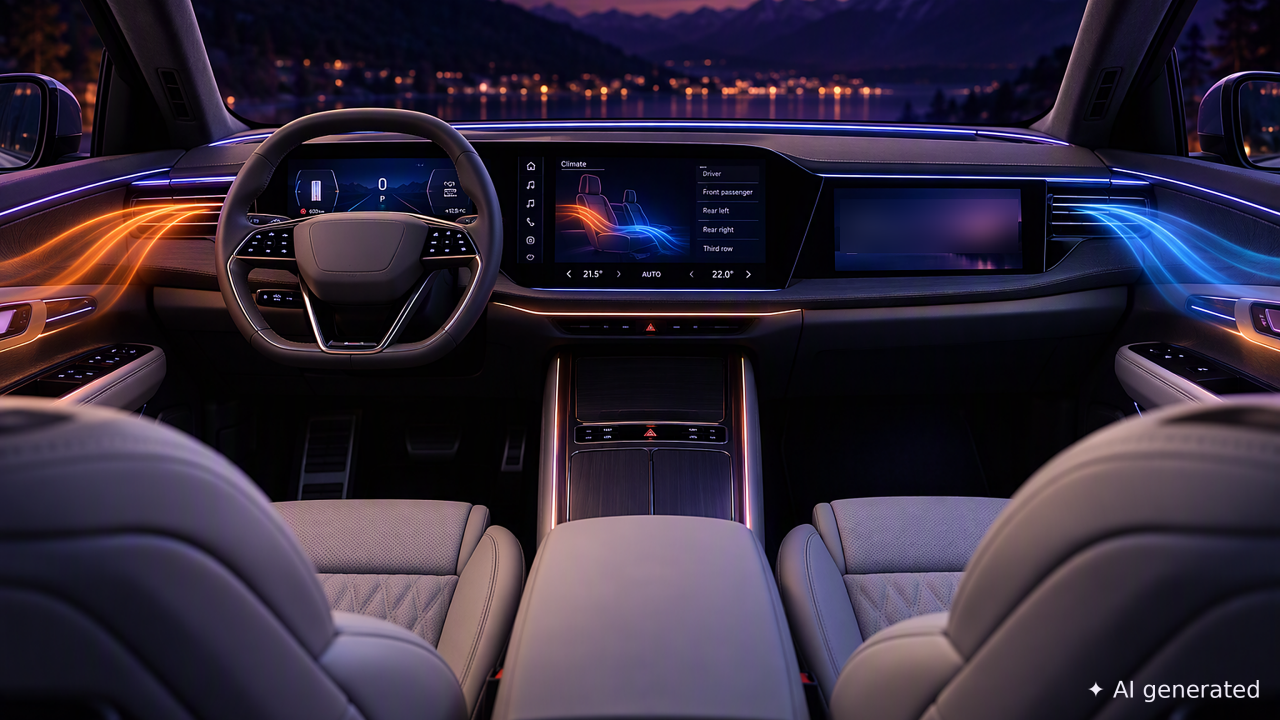 AI-generated vehicle interior illustrating five-zone climate control, with warm and cool airflow visualized across the dashboard and a central climate control display.