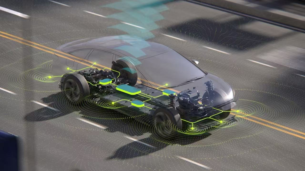 Electric vehicle with transparent overlay showing battery, sensors, and electronic systems, visualizing connected car technology and advanced EV architecture.