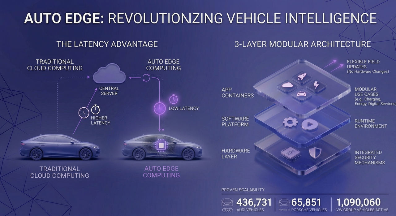 Wide infographic highlighting Auto Edge’s low‑latency advantage and its hardware, software, and app‑container architecture layers.
