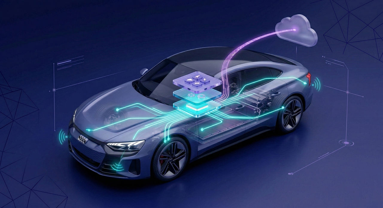 Wide visualization of a connected vehicle with onboard Edge Computing hardware and a cloud link illustrating low‑latency data processing.