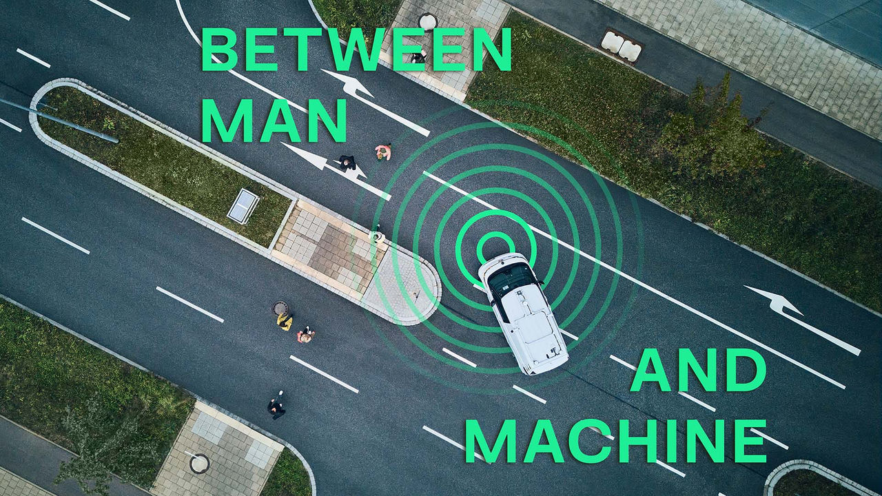Top view of an autonomous car on a smart road with radar waves, illustrating vehicle-to-pedestrian communication and the concept of interaction between man and machine.