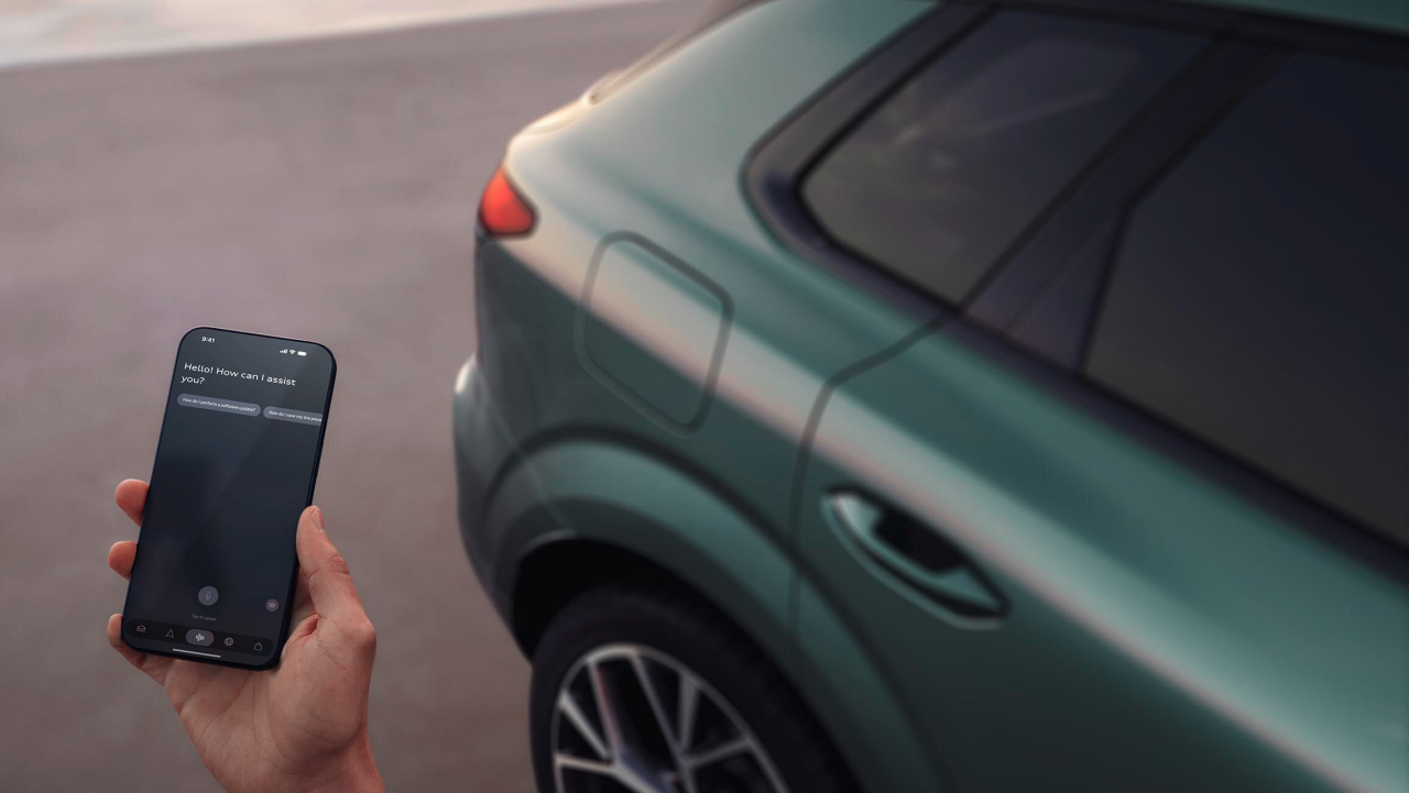 Connected Car Person using a smartphone to remotely unlock a connected green SUV, showcasing smart car technology and mobile app control for modern vehicles.