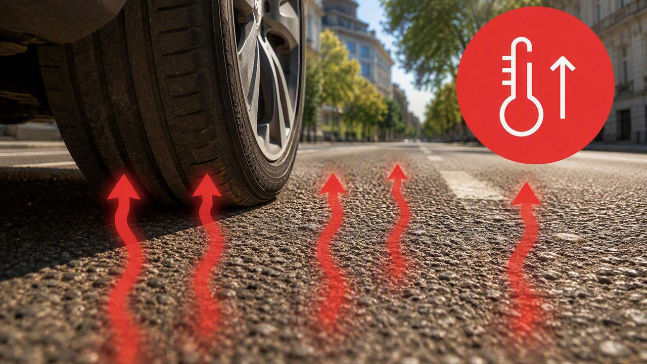 Close-up of a vehicle tire on a sun-heated asphalt road with red arrows indicating rising heat. A temperature icon emphasizes increasing surface temperatures caused by summer heat and urban warming.